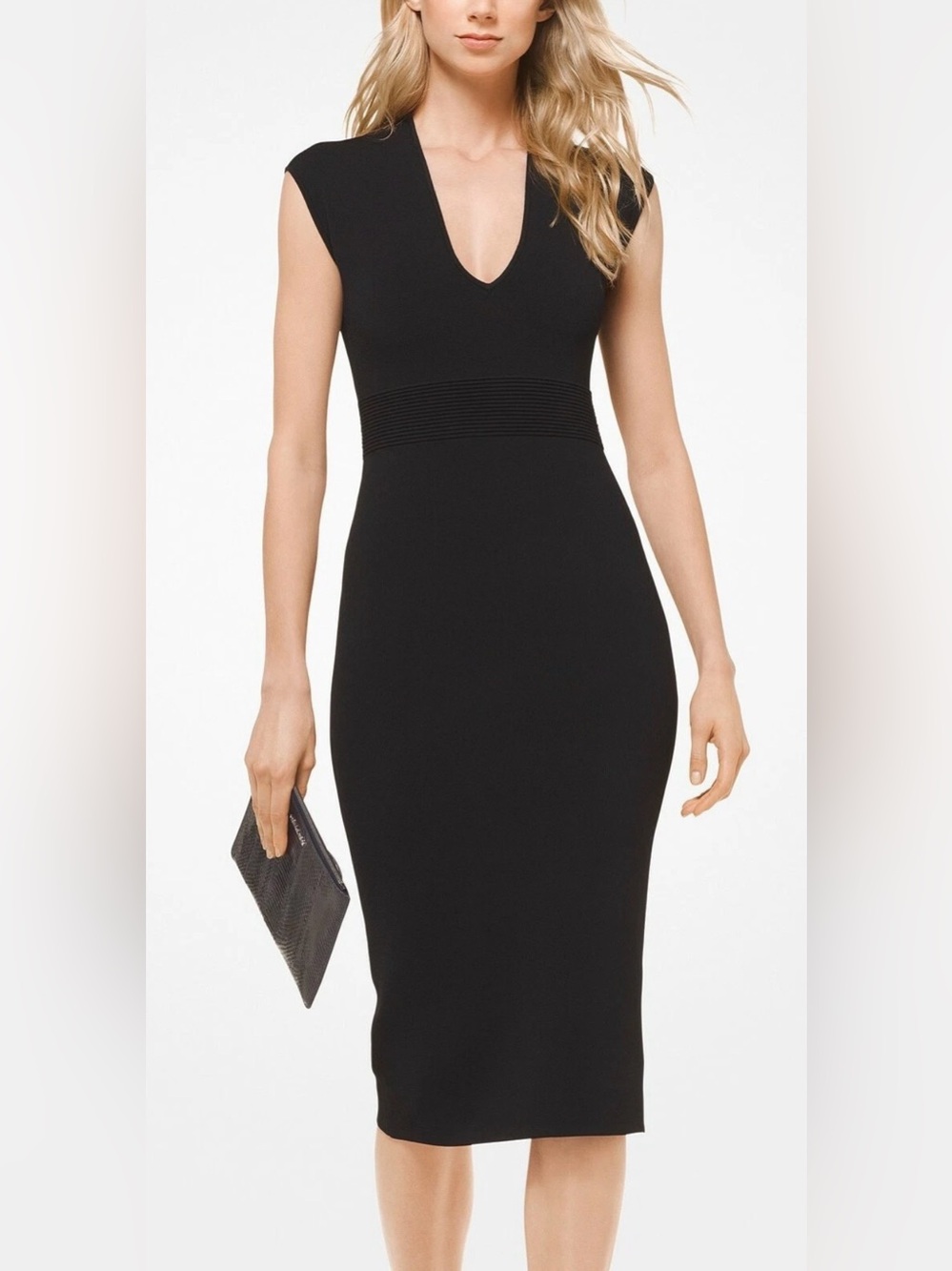MICHAEL Michael Kors V-Neck Fitted Knit Sheath Dress in Navy